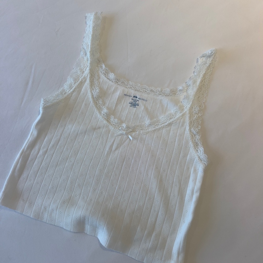 Brandy Melville White Pointelle Lace Trim Tank Top Bow Camisole Cotton One Size
